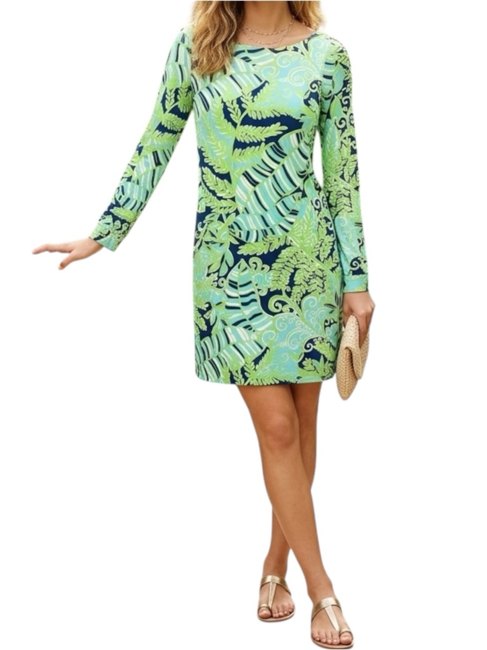 Lilly Pulitzer Marlowe Silk Cotton Dress Green Blue Tropical Leaf Boatneck Small